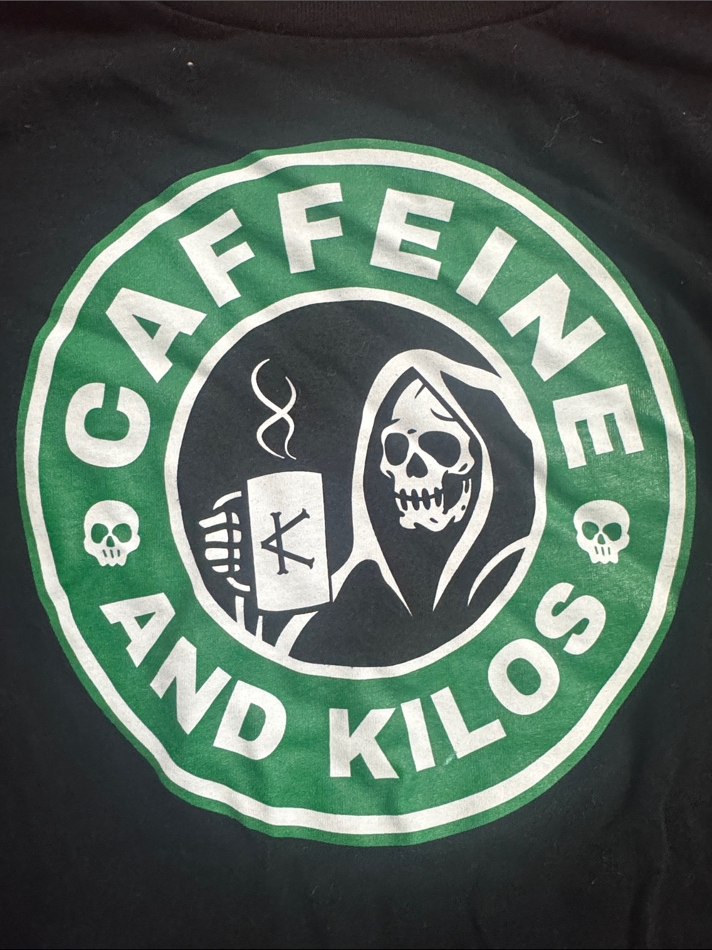 Black Long-Sleeve Crop Top with Green 'Caffeine and Kilos' Graphic - Picture 2 of 3